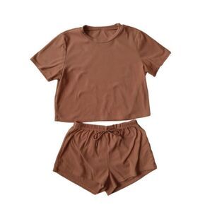 Women's Orange Brown Soft Boxy Tee and Elastic Shorts Matching Loungewear Set